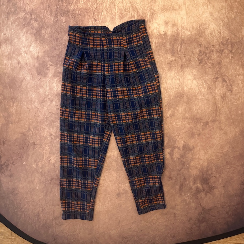 Free People Navy Blue and Light Brown Plaid High-Waisted Pants with Pockets